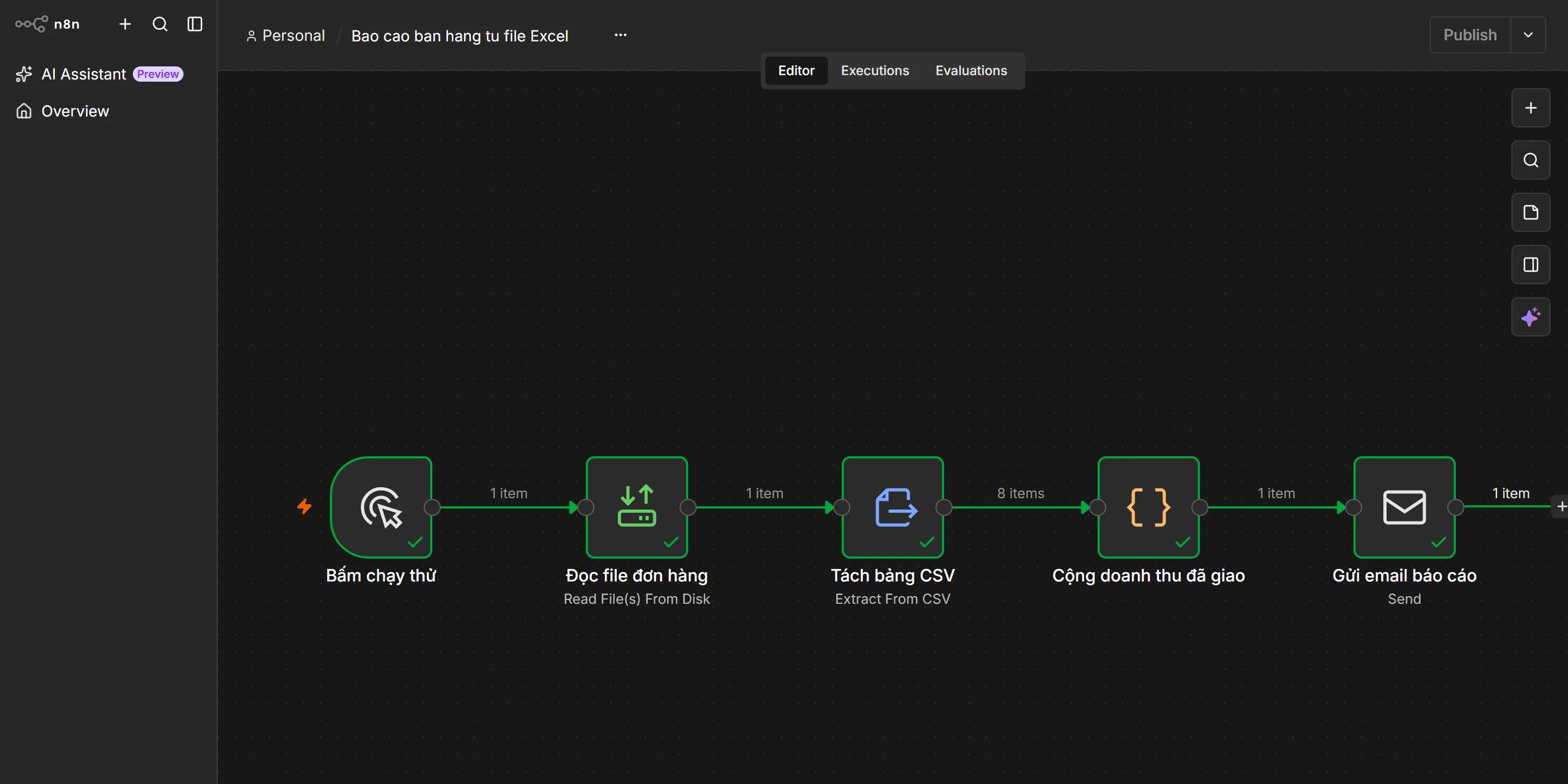 Lượt chạy thành công: cả năm node "Bấm chạy thử", "Đọc file đơn hàng", "Tách bảng CSV", "Cộng doanh thu đã giao", "Gửi email báo cáo" đều viền xanh có dấu tích. Các đường nối ghi lần lượt 1 item, 1 item, 8 items, 1 item, 1 item.